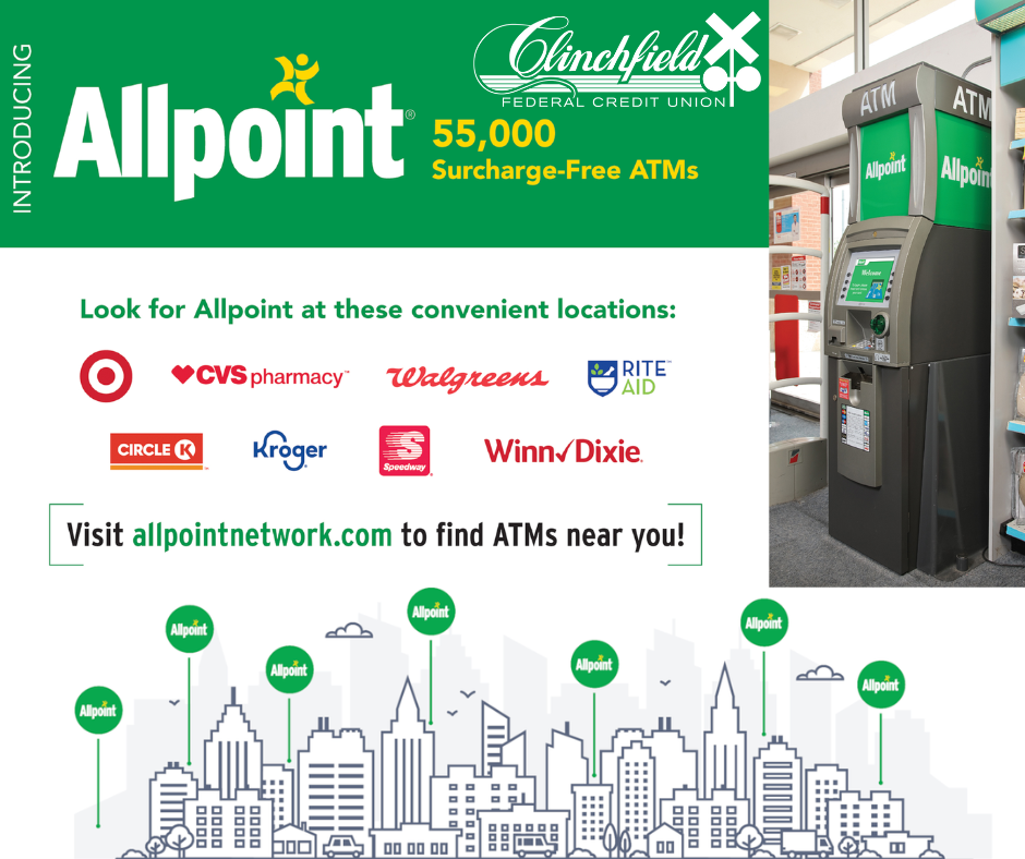 Introducing Allpoint 55,000 Surcharge-Free ATMs.  Look for Allpoint at these convenient locations: Target, CVS Pharmacy, Walgreens, Rite Aid, Circk K, Kroger, Speedway, Winn Dixie.  Visit allpointnetwork.com to find ATMs near you!